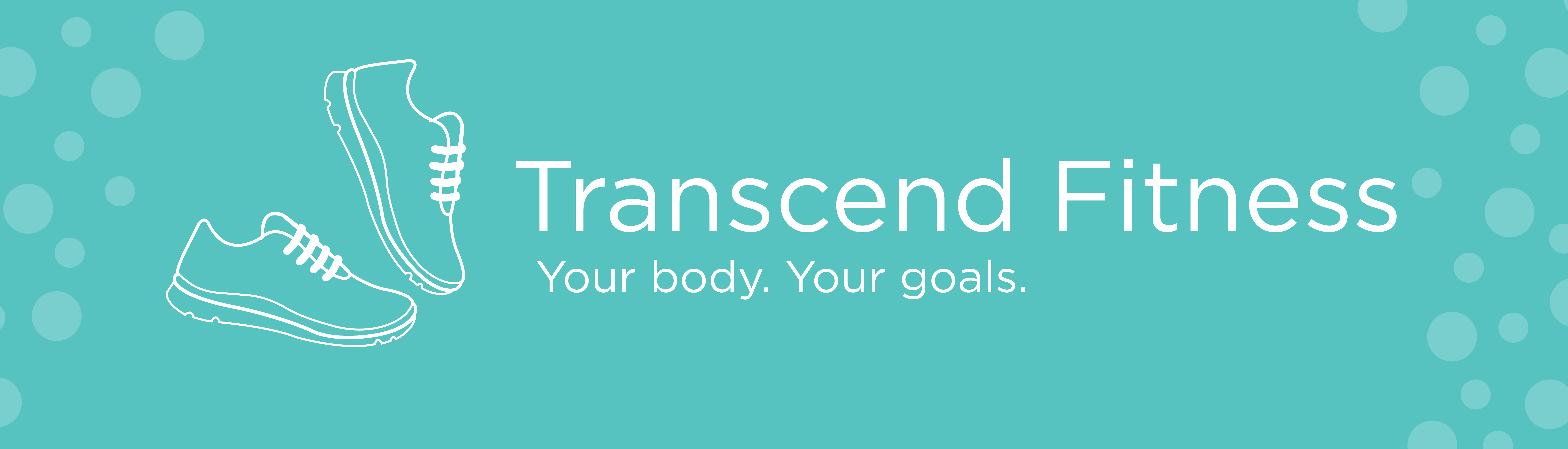 Vector art of running shoes on a green background. The banner reads "Transcend Fitness. Your body. Your goals."